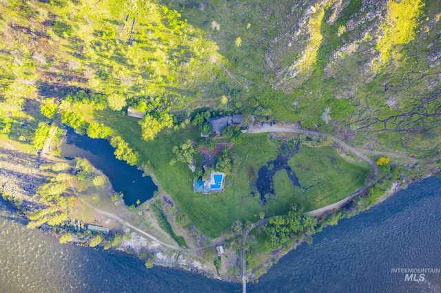 aerial view featuring a water view