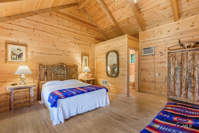 bedroom featuring wooden ceiling, light hardwood / wood-style flooring, beam ceiling, and wooden walls