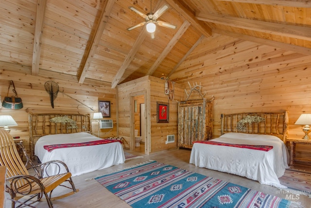 bedroom with ceiling fan, wooden ceiling, hardwood / wood-style flooring, high vaulted ceiling, and beam ceiling