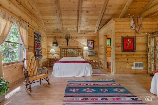 bedroom featuring wooden ceiling, vaulted ceiling with beams, light wood-type flooring, and wooden walls