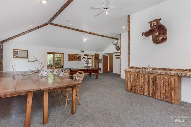 dining area with an AC wall unit, ceiling fan, high vaulted ceiling, pool table, and carpet