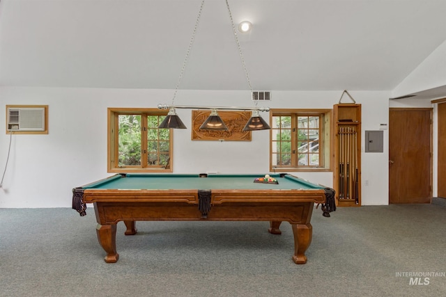 rec room with billiards, carpet, vaulted ceiling, and plenty of natural light