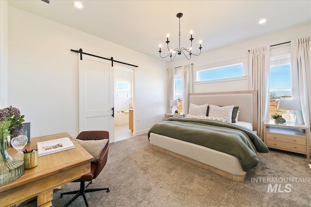 carpeted bedroom featuring multiple windows, an inviting chandelier, a barn door, and recessed lighting