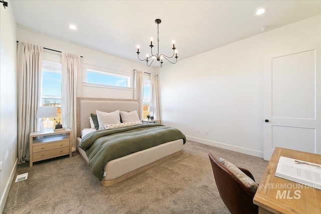 bedroom with visible vents, recessed lighting, a chandelier, carpet flooring, and baseboards