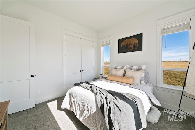 carpeted bedroom featuring a closet, baseboards, and multiple windows