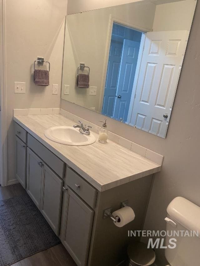 bathroom featuring hardwood / wood-style flooring, toilet, and vanity