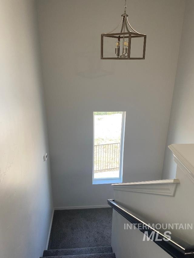 stairway with a chandelier and carpet floors