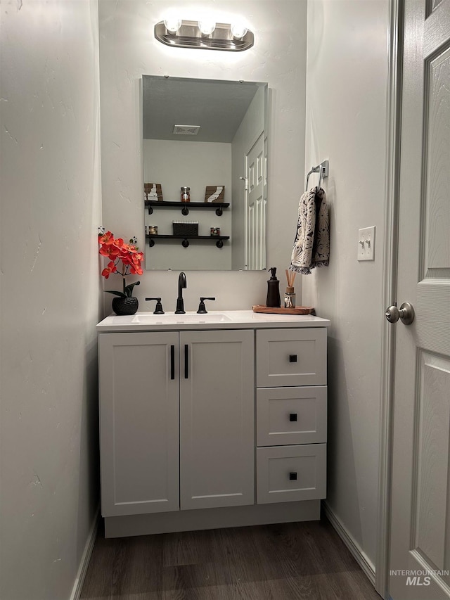 bathroom with hardwood / wood-style flooring and vanity