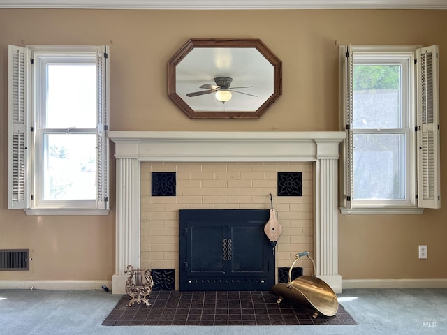 710 Locust St, Twin Falls, ID 83301 - detailed view of carpet, a brick fireplace, and ceiling fan