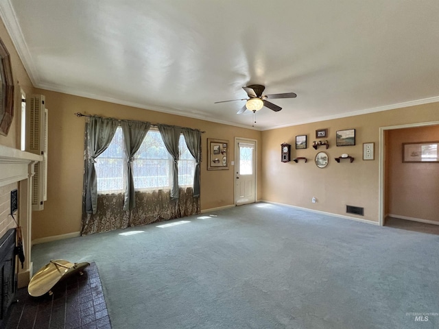 710 Locust St, Twin Falls, ID 83301 - unfurnished living room with a fireplace, a ceiling fan, ornamental molding, and carpet flooring