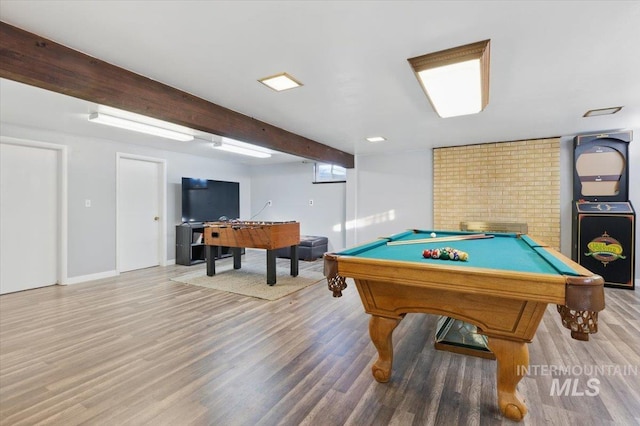 4320 N Locust Grv, Meridian, ID 83642 - playroom featuring baseboards, billiards, wood finished floors, and beam ceiling