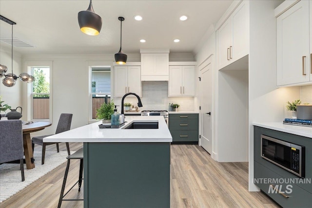 375 N Sauer River Ln, Eagle, ID 83616 - kitchen featuring a sink, light countertops, stainless steel microwave, light wood-style floors, and white cabinetry