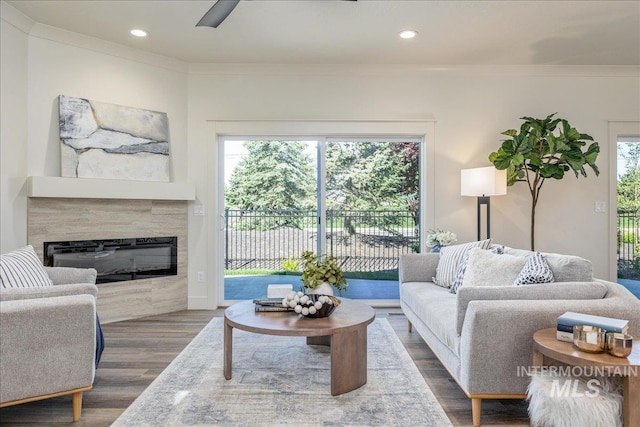 375 N Sauer River Ln, Eagle, ID 83616 - living room featuring plenty of natural light, wood finished floors, crown molding, a high end fireplace, and recessed lighting