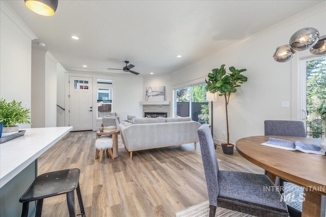 375 N Sauer River Ln, Eagle, ID 83616 - living area with crown molding, light wood-style floors, a fireplace, ceiling fan, and plenty of natural light