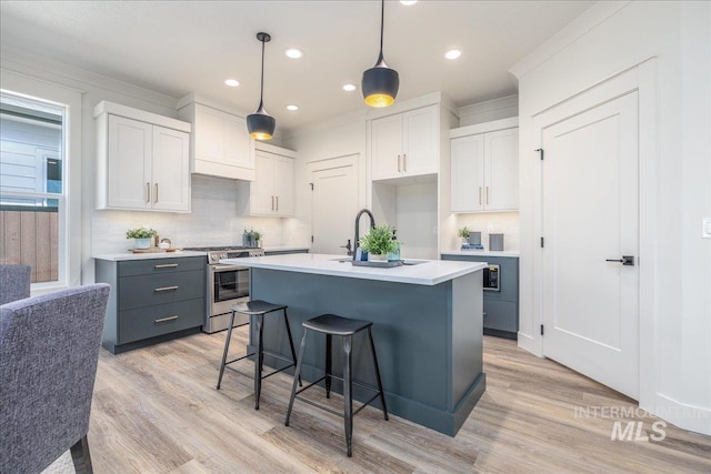 375 N Sauer River Ln, Eagle, ID 83616 - kitchen featuring stainless steel stove, light wood-style floors, tasteful backsplash, recessed lighting, and ornamental molding