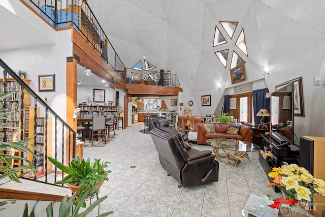 tiled living room with a high ceiling