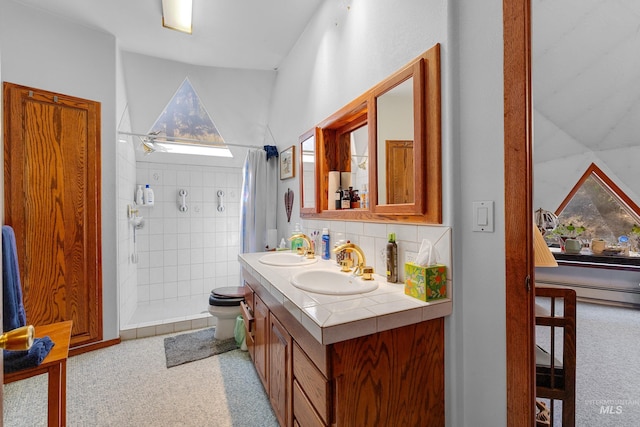 bathroom featuring toilet, a baseboard radiator, vanity, curtained shower, and decorative backsplash