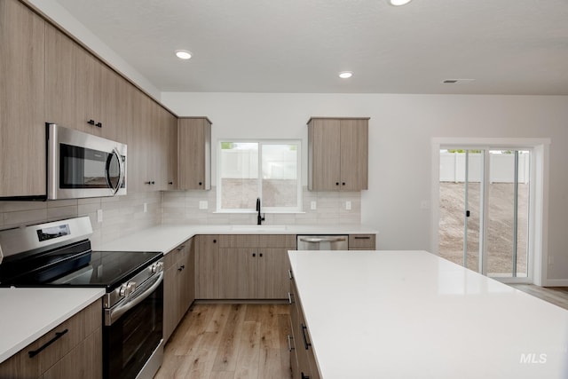 kitchen with a healthy amount of sunlight, stainless steel appliances, and light hardwood / wood-style flooring