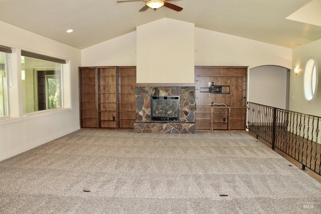 3349 E 4050 N, Twin Falls, ID 83301 - unfurnished living room featuring vaulted ceiling, carpet, ceiling fan, and a fireplace