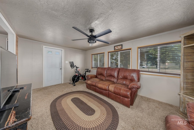 1025 W Galloway Ave, Weiser, ID 83672 - living area featuring carpet, a ceiling fan, and a textured ceiling