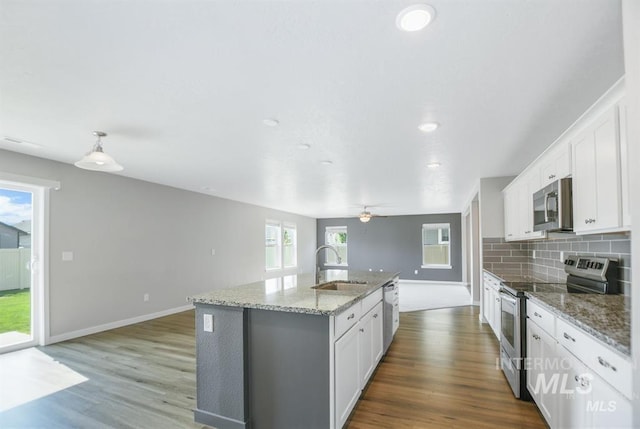 3749 E Rock Falls St, Nampa, ID 83686 - kitchen featuring an island with sink, appliances with stainless steel finishes, wood finished floors, and a sink