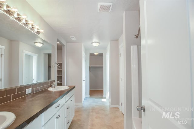 3749 E Rock Falls St, Nampa, ID 83686 - bathroom with a spacious closet, decorative backsplash, visible vents, and a sink
