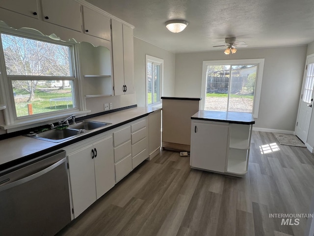 kitchen featuring a sink, stainless steel dishwasher, open shelves, and a wealth of natural light