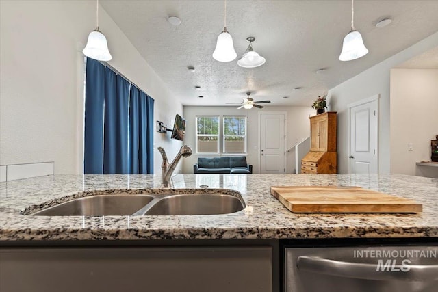 2312 E Spice Loop Unit 3, Nampa, ID 83687 - kitchen featuring stainless steel dishwasher, light stone countertops, a ceiling fan, decorative light fixtures, and a textured ceiling