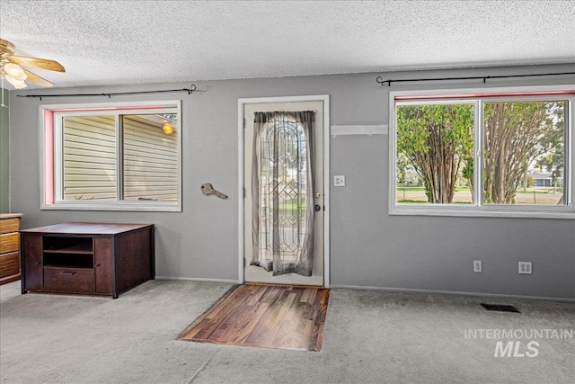 1267 NW Beaman St, Mountain Home, ID 83647 - entrance foyer featuring carpet flooring, a ceiling fan, a textured ceiling, and baseboards