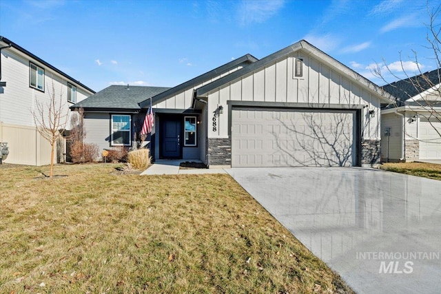 view of front facade featuring driveway, stone siding, an attached garage, board and batten siding, and a front yard