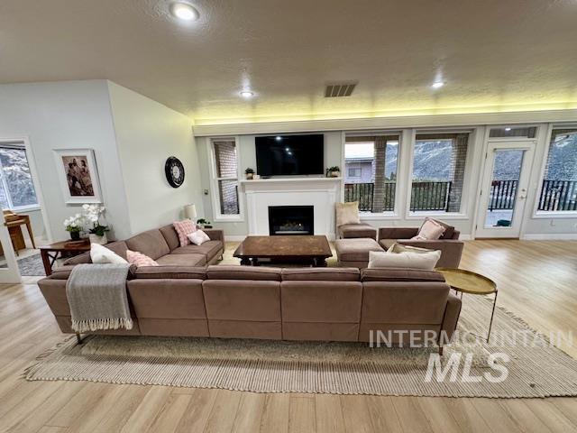 living room with a fireplace, plenty of natural light, wood finished floors, and visible vents