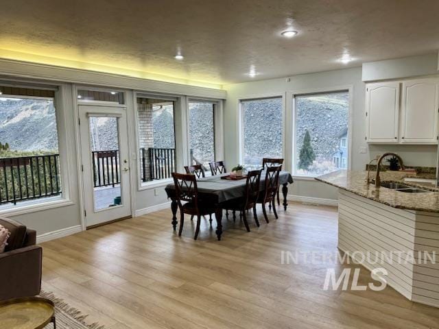 dining room featuring light wood-style flooring, recessed lighting, and baseboards