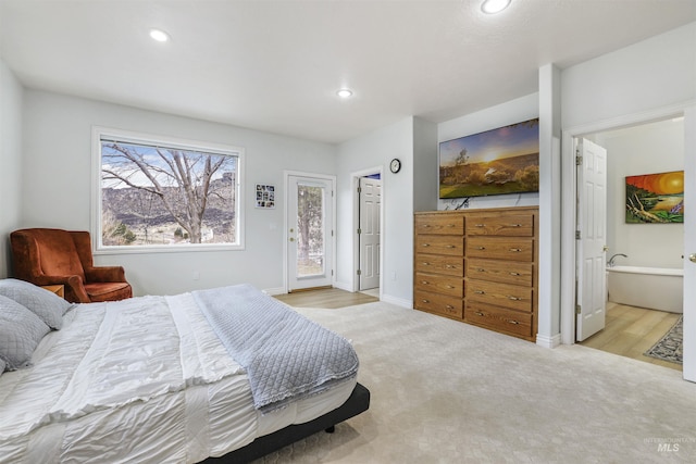 bedroom featuring access to exterior, carpet flooring, recessed lighting, and baseboards