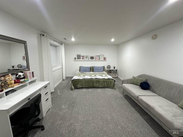 bedroom featuring dark colored carpet, visible vents, baseboards, and recessed lighting