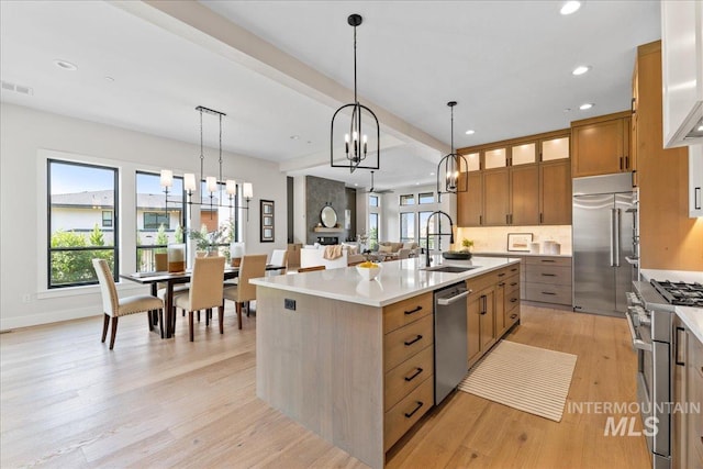 kitchen with premium appliances, sink, a kitchen island with sink, and decorative light fixtures