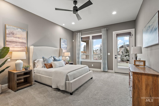 carpeted bedroom featuring access to outside and ceiling fan