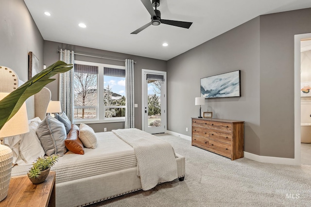bedroom featuring ceiling fan, light carpet, and access to outside