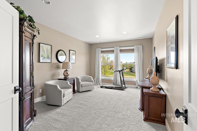 living area featuring light colored carpet