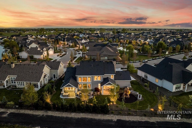 view of aerial view at dusk