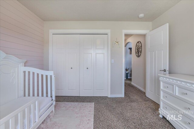 614 Ethan Ct, Jerome, ID 83338 - bedroom with carpet, a closet, baseboards, and wooden walls