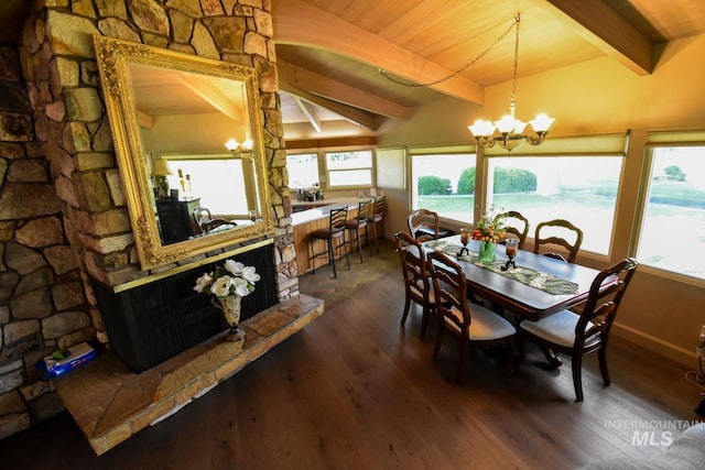 708 16th St, Clarkston, WA 99403 - dining area featuring a wooden ceiling with exposed beams, dark wood finished floors, a chandelier, and plenty of natural light