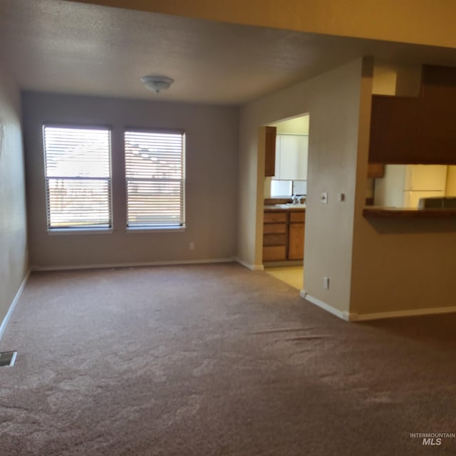 unfurnished living room with visible vents, baseboards, and light carpet