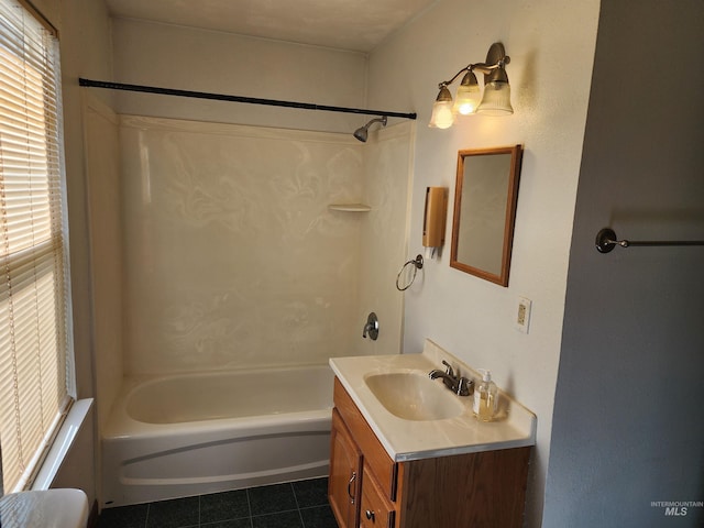 bathroom featuring vanity, shower / tub combination, and tile patterned floors