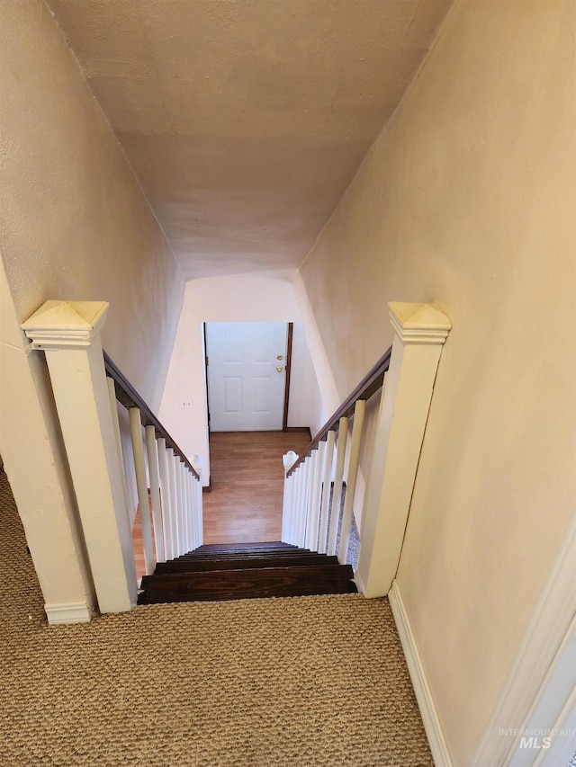 stairs featuring vaulted ceiling and carpet flooring