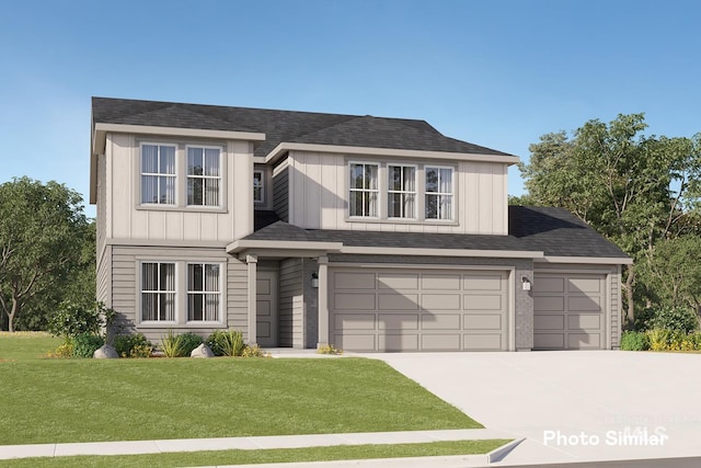 view of front of house featuring a front lawn, concrete driveway, a garage, and board and batten siding