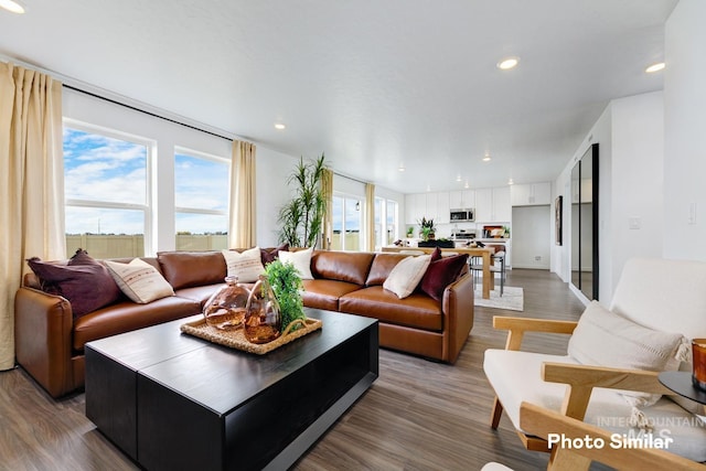 living room with light wood-style flooring and recessed lighting