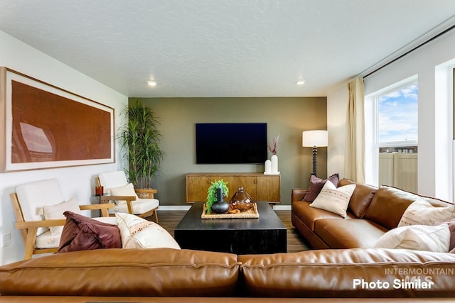 living room featuring wood finished floors, recessed lighting, and baseboards