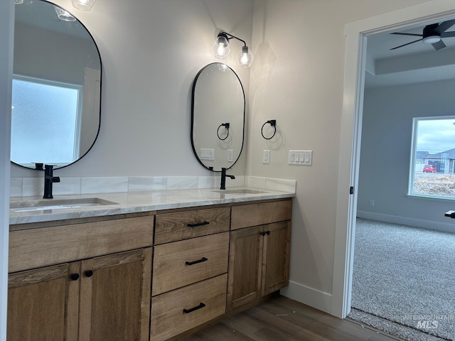 bathroom with double vanity, wood finished floors, baseboards, and a sink