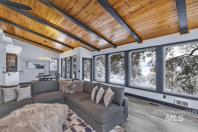 living room featuring vaulted ceiling with beams, wooden ceiling, and hardwood / wood-style flooring