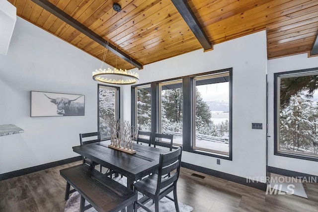 dining area with a chandelier, wooden ceiling, dark wood-type flooring, and lofted ceiling with beams